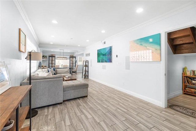 1742 Dixon St, Redondo Beach, CA 90278 - living room featuring light wood finished floors, crown molding, baseboards, and recessed lighting