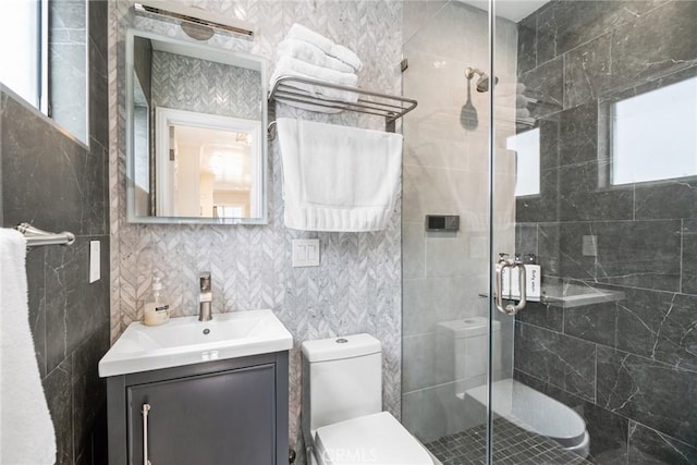 1742 Dixon St, Redondo Beach, CA 90278 - full bathroom featuring toilet, vanity, a stall shower, and tile walls