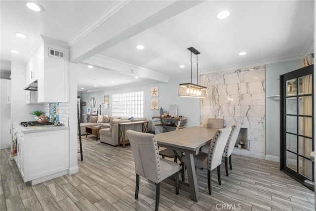 1742 Dixon St, Redondo Beach, CA 90278 - dining space with ornamental molding, light wood-style floors, recessed lighting, and beam ceiling