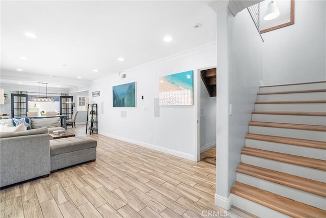 1742 Dixon St, Redondo Beach, CA 90278 - living area with stairway, ornamental molding, recessed lighting, baseboards, and light wood-type flooring