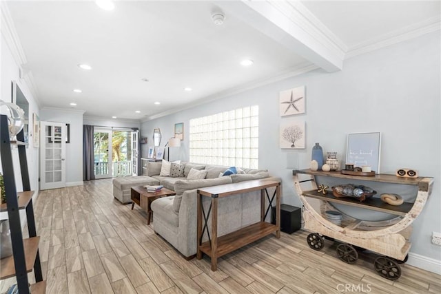 1742 Dixon St, Redondo Beach, CA 90278 - living room featuring light wood-style floors, recessed lighting, crown molding, and baseboards