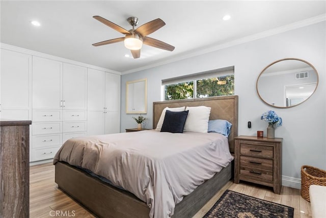1742 Dixon St, Redondo Beach, CA 90278 - bedroom with ornamental molding, recessed lighting, light wood finished floors, baseboards, and a ceiling fan