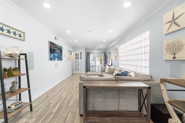 1742 Dixon St, Redondo Beach, CA 90278 - living room featuring ornamental molding, light wood finished floors, baseboards, recessed lighting, and french doors