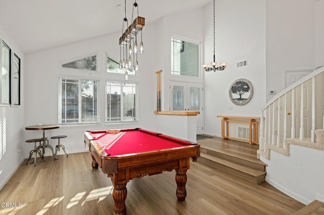 800 Coronado Pl, Oxnard, CA 93030 - game room featuring high vaulted ceiling, wood finished floors, a chandelier, baseboards, and billiards table