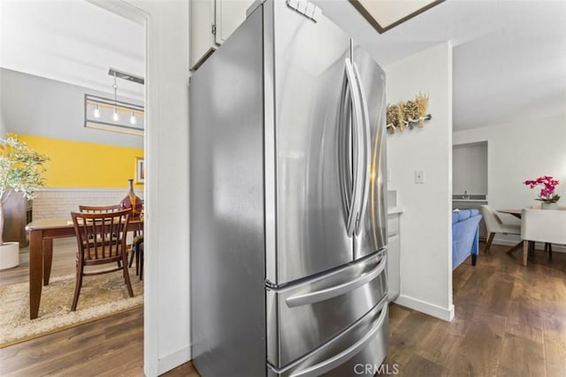 22833 Finch St, Grand Terrace, CA 92313 - kitchen with freestanding refrigerator, dark wood-style flooring, and baseboards