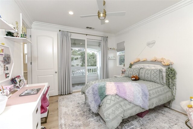 bedroom with access to outside, crown molding, light wood finished floors, ceiling fan, and recessed lighting