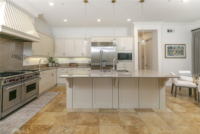 kitchen featuring built in appliances, custom exhaust hood, crown molding, decorative backsplash, and a sink