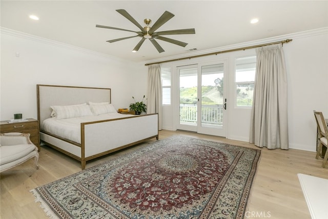 bedroom featuring access to exterior, crown molding, light wood-style floors, recessed lighting, and a ceiling fan