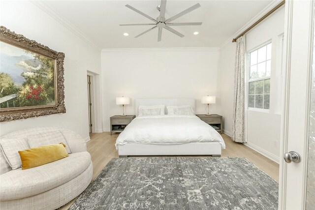 bedroom with wood finished floors, ornamental molding, baseboards, recessed lighting, and ceiling fan