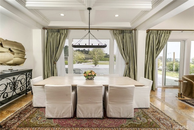 dining area featuring coffered ceiling, crown molding, recessed lighting, beam ceiling, and a chandelier