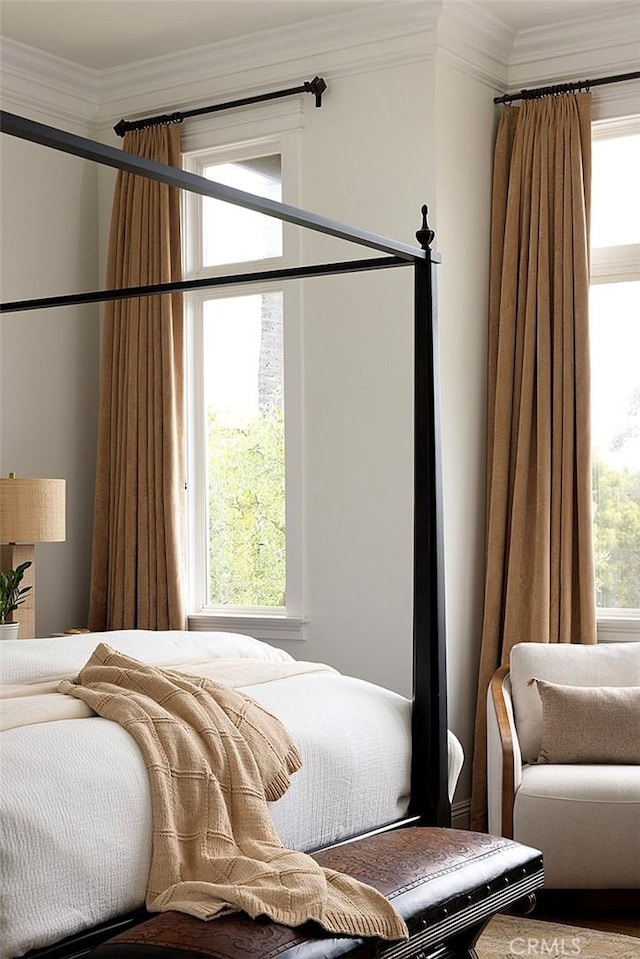 bedroom featuring ornamental molding and multiple windows
