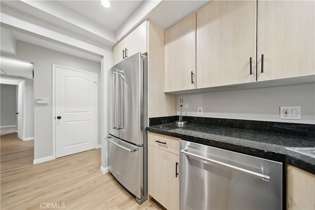 7826 Topanga Canyon Blvd Unit 218, Canoga Park, CA 91304 - kitchen featuring appliances with stainless steel finishes, light brown cabinetry, and light wood finished floors