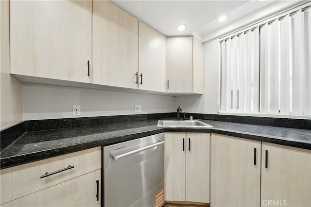 7826 Topanga Canyon Blvd Unit 218, Canoga Park, CA 91304 - kitchen featuring stainless steel dishwasher, a sink, light brown cabinetry, dark stone counters, and recessed lighting
