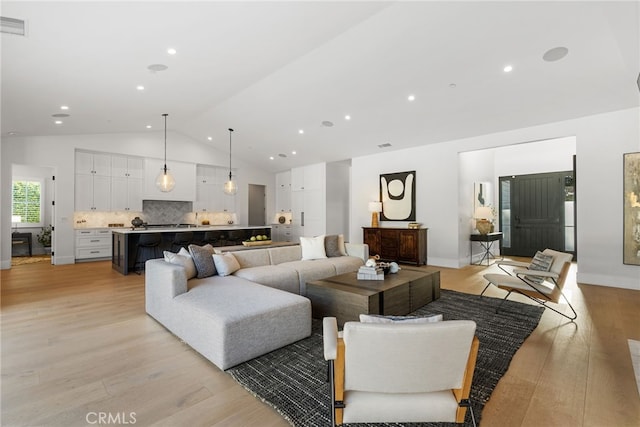 1530 Anita Ln, Newport Beach, CA 92660 - living room with light wood-type flooring, high vaulted ceiling, and recessed lighting