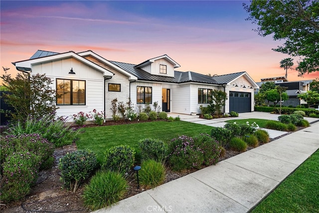 1530 Anita Ln, Newport Beach, CA 92660 - modern farmhouse style home with a standing seam roof, a garage, a yard, concrete driveway, and board and batten siding