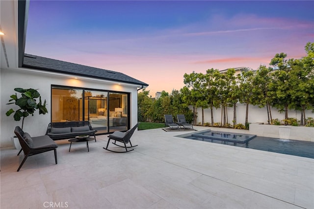 1530 Anita Ln, Newport Beach, CA 92660 - patio terrace at dusk featuring a patio, a pool with connected hot tub, and outdoor lounge area
