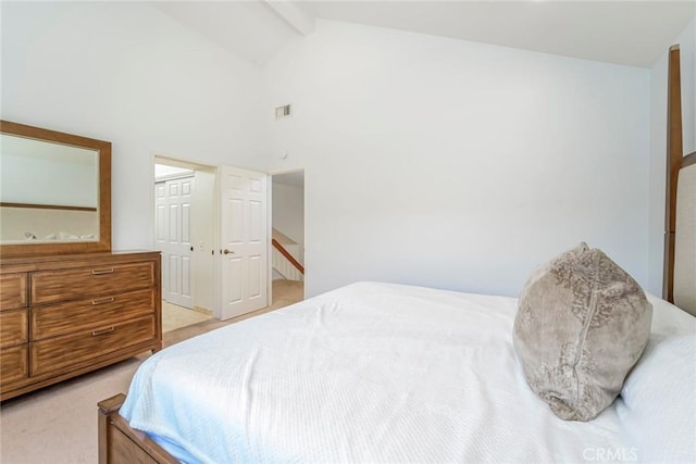 16 Allyssum, Rancho Santa Margarita, CA 92688 - bedroom with beamed ceiling, light colored carpet, and high vaulted ceiling