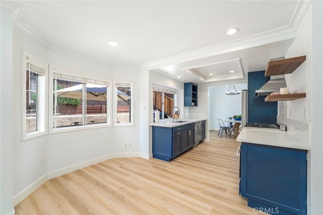 16 Allyssum, Rancho Santa Margarita, CA 92688 - kitchen featuring open shelves, blue cabinetry, stainless steel dishwasher, light wood-style floors, and ornamental molding