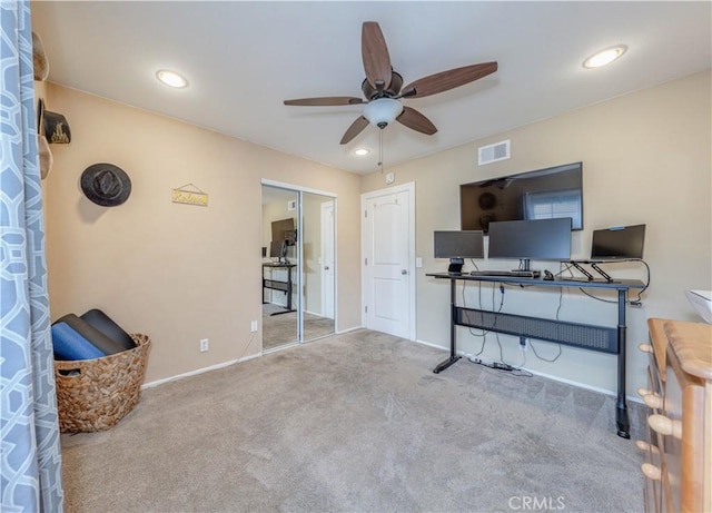 home office featuring a ceiling fan, carpet flooring, baseboards, and recessed lighting