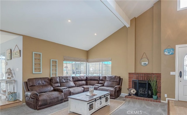 living room with high vaulted ceiling, a fireplace, carpet flooring, baseboards, and beamed ceiling