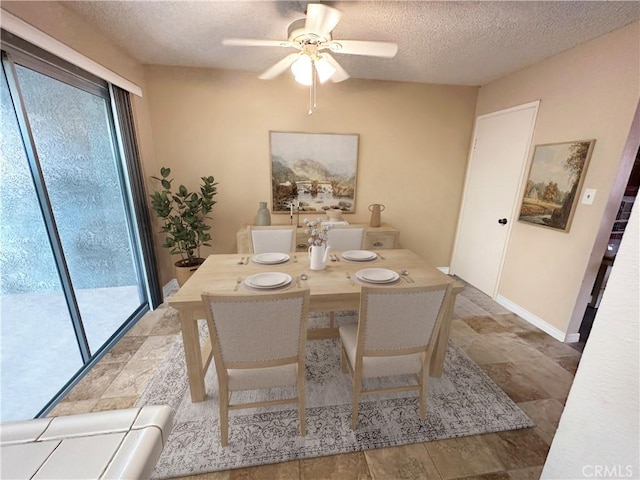 dining space with plenty of natural light, a ceiling fan, and a textured ceiling