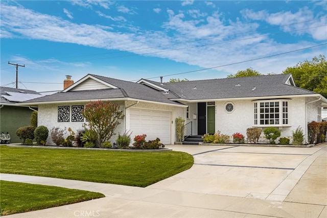 single story home with stucco siding, driveway, an attached garage, and a front yard