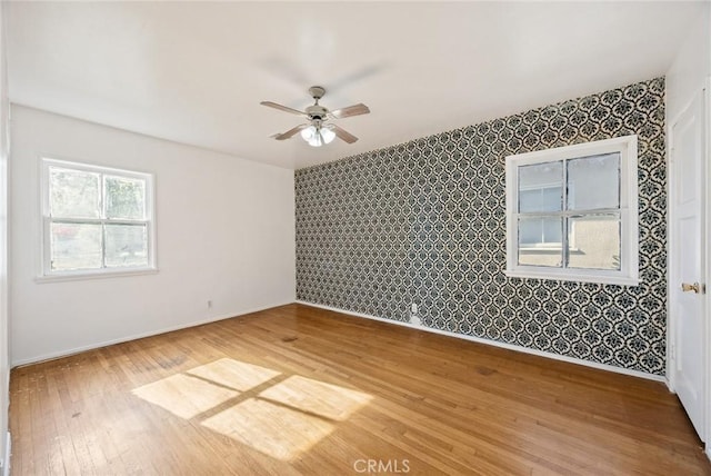 spare room featuring light wood-style flooring, a ceiling fan, baseboards, and wallpapered walls