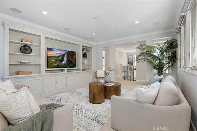 25 Tenderfoot, Irvine, CA 92602 - living room featuring ornamental molding, recessed lighting, and built in shelves