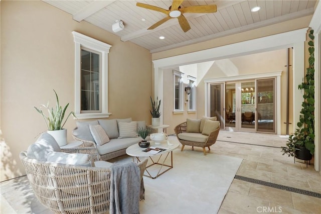 25 Tenderfoot, Irvine, CA 92602 - living room with wood ceiling, beam ceiling, recessed lighting, a ceiling fan, and stone finish flooring