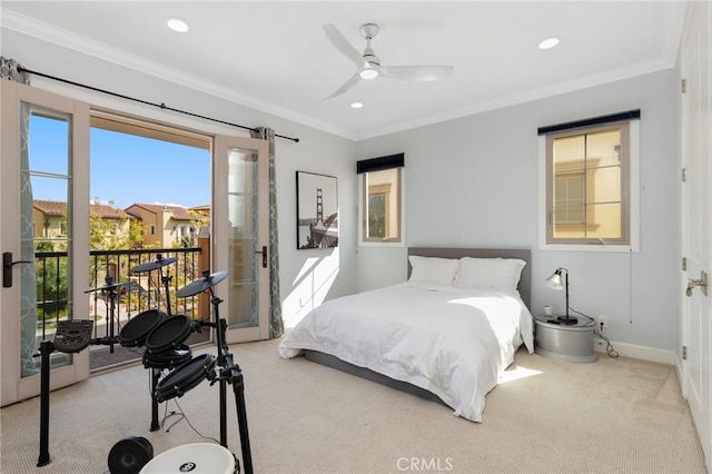 25 Tenderfoot, Irvine, CA 92602 - carpeted bedroom featuring access to outside, ornamental molding, baseboards, recessed lighting, and a ceiling fan