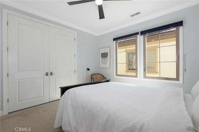 25 Tenderfoot, Irvine, CA 92602 - bedroom featuring carpet, ornamental molding, a closet, and a ceiling fan