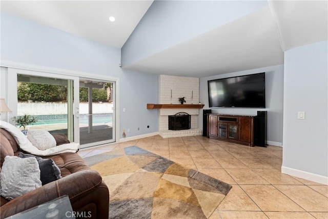 2247 Bella Ave, Upland, CA 91784 - living room featuring tile patterned floors, a brick fireplace, baseboards, high vaulted ceiling, and recessed lighting