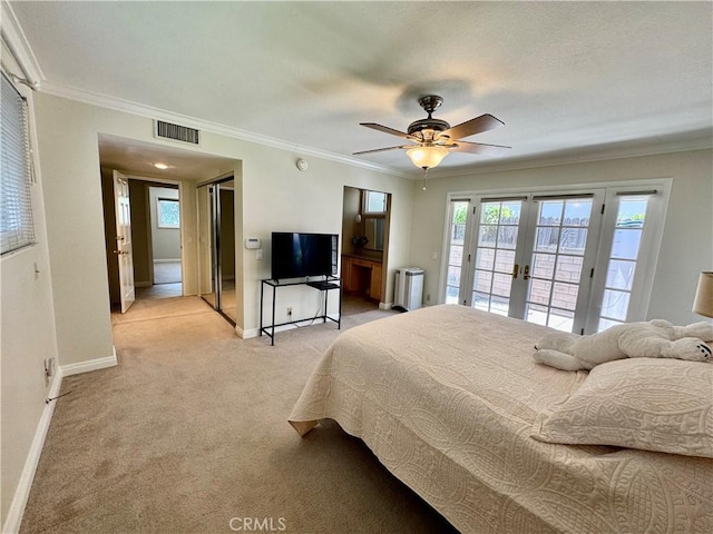 19020 Killoch Way, Porter Ranch, CA 91326 - bedroom with access to outside, ornamental molding, baseboards, light colored carpet, and french doors