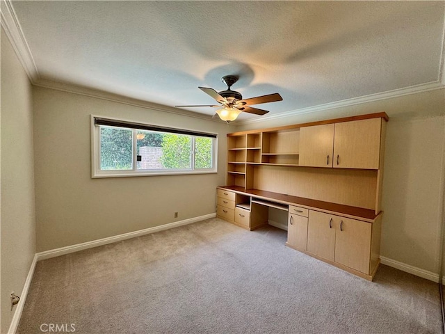 19020 Killoch Way, Porter Ranch, CA 91326 - unfurnished office featuring ornamental molding, ceiling fan, built in desk, light carpet, and baseboards