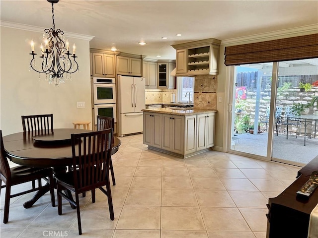 19020 Killoch Way, Porter Ranch, CA 91326 - dining space with crown molding, a chandelier, light tile patterned floors, and recessed lighting