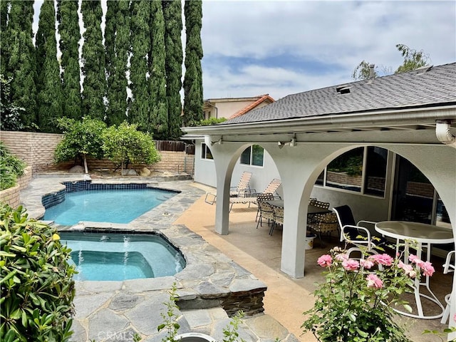 19020 Killoch Way, Porter Ranch, CA 91326 - view of swimming pool with outdoor dining area, a fenced backyard, and an in-ground hot tub