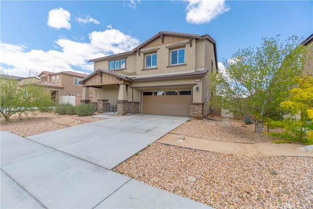 11952 Saxton Way, Victorville, CA 92392 - craftsman-style house featuring stone siding, stucco siding, an attached garage, concrete driveway, and a porch