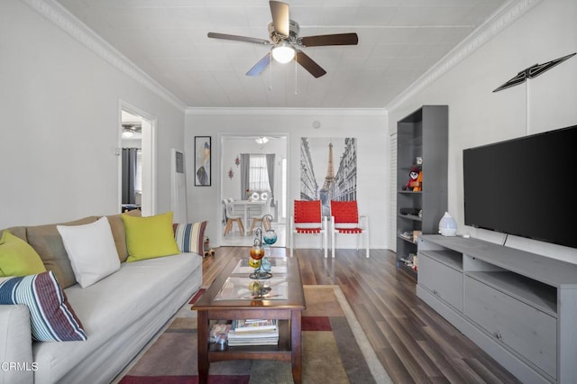 6154 Fountain Ave, Hollywood, CA 90028 - living area featuring ceiling fan, wood finished floors, and ornamental molding