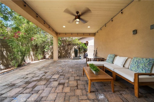 228 Wicker, Irvine, CA 92618 - view of patio / terrace with a fenced backyard, ceiling fan, and an outdoor hangout area