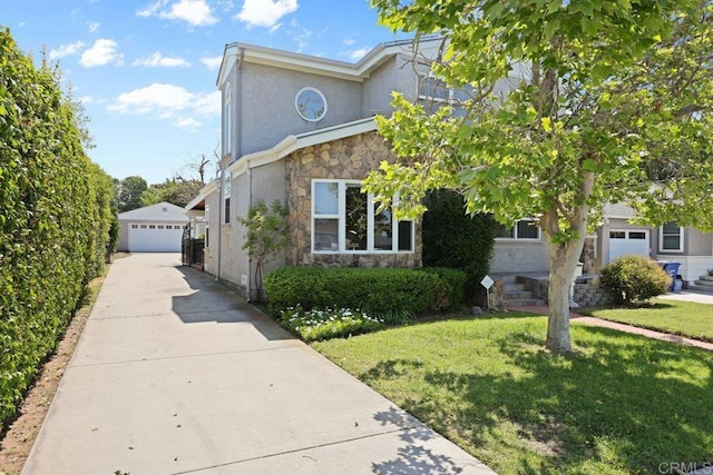 4625 68th St, La Mesa, CA 91942 - view of front of home featuring stone siding, a detached garage, a front yard, an outdoor structure, and stucco siding