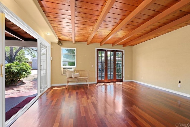 4625 68th St, La Mesa, CA 91942 - empty room featuring healthy amount of natural light, wood finished floors, wood ceiling with exposed beams, and baseboards