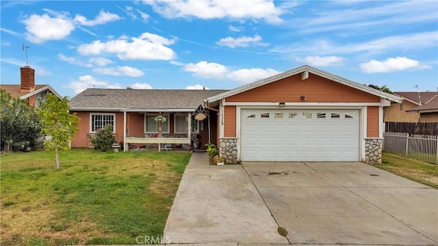 14328 Houston Dr, Moreno Valley, CA 92553 - ranch-style house featuring stone siding, concrete driveway, a garage, and covered porch