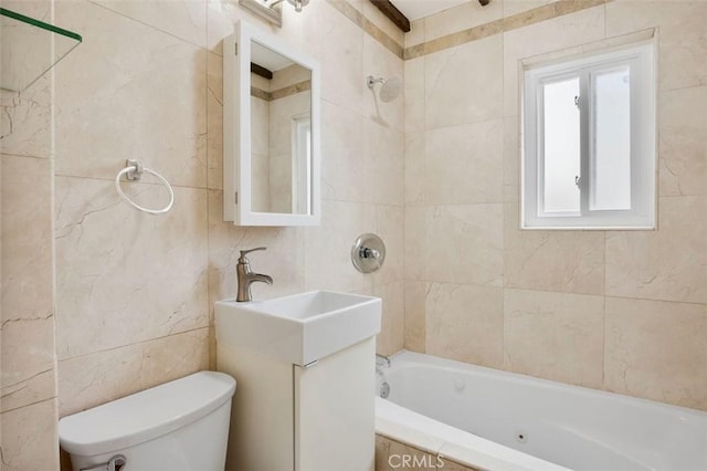 4718 Dawes St, San Diego, CA 92109 - full bathroom featuring tile walls, bathtub / shower combination, toilet, and vanity