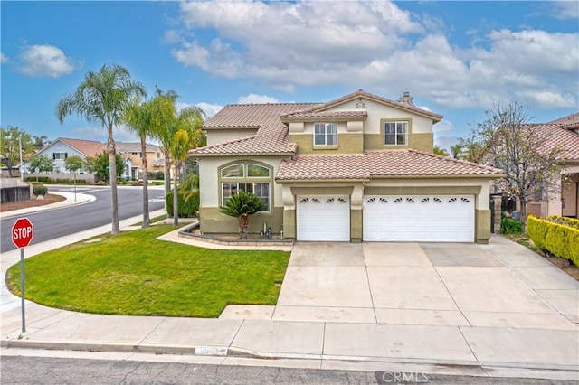 20800 Brana Rd, Riverside, CA 92508 - mediterranean / spanish home featuring stucco siding, a tiled roof, concrete driveway, a garage, and a front lawn