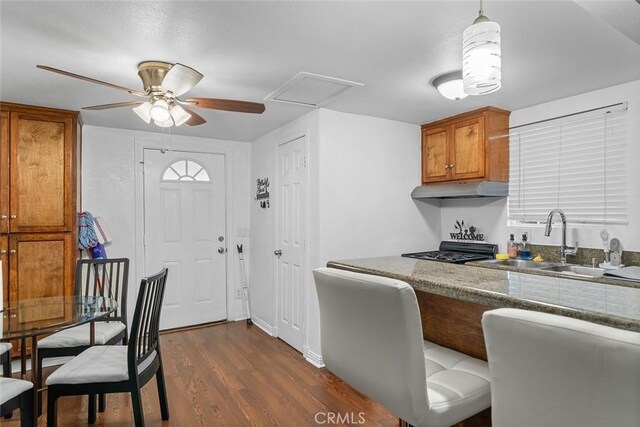 kitchen with a sink, under cabinet range hood, brown cabinetry, dark wood-style floors, and a ceiling fan