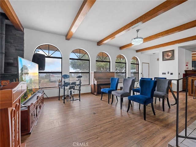 1275 Tamarack Rd, Pinon Hills, CA 92372 - sitting room with hardwood / wood-style flooring, beamed ceiling, and baseboards