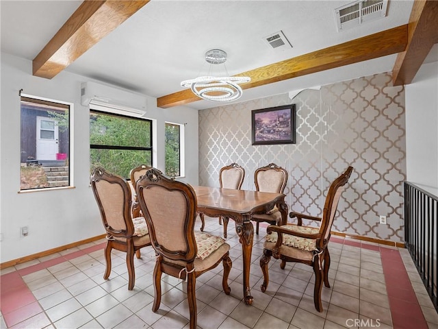 1275 Tamarack Rd, Pinon Hills, CA 92372 - dining area with beamed ceiling, wallpapered walls, a wall unit AC, baseboards, and a chandelier