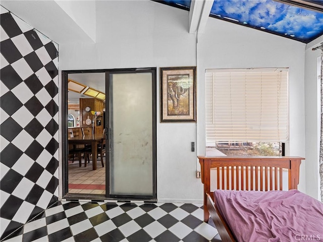 1275 Tamarack Rd, Pinon Hills, CA 92372 - bedroom with tile patterned floors and vaulted ceiling
