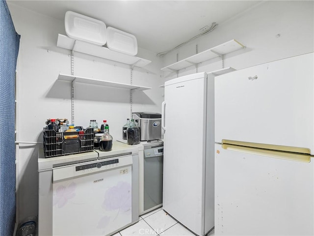 1275 Tamarack Rd, Pinon Hills, CA 92372 - kitchen with freestanding refrigerator, dishwasher, light tile patterned floors, light countertops, and open shelves