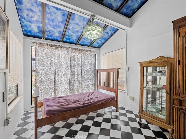 1275 Tamarack Rd, Pinon Hills, CA 92372 - bedroom with tile patterned floors and lofted ceiling